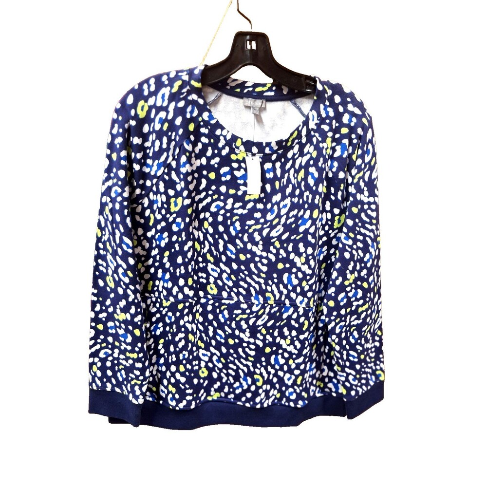 T‎ by Talbots Sweatshirt LP Blue Yellow Geometric Zip Pocket Comfort Casual